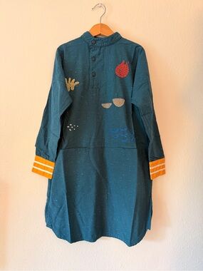 Bobo Choses Kids Teal Embroidered Long Sleeve Smock Dress